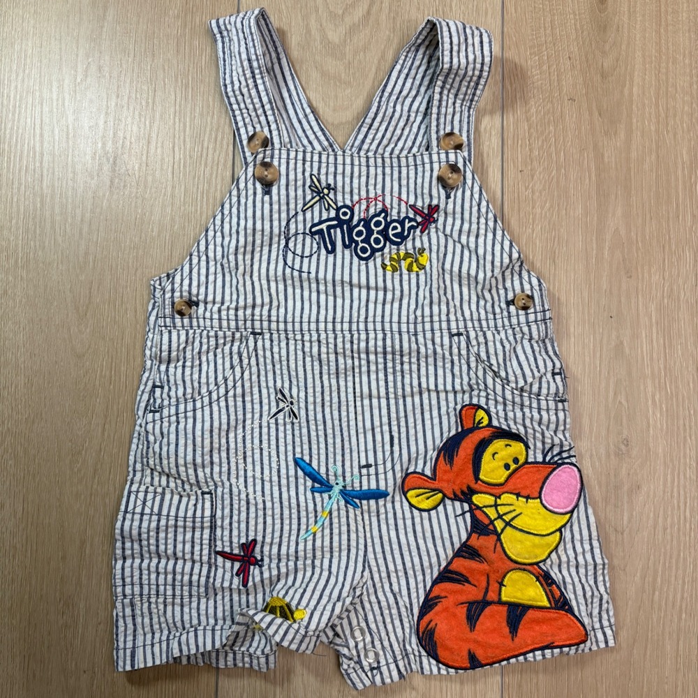 Vintage Walt Disney World Parks Tigger Chenille Striped Shortalls Blue White 18M